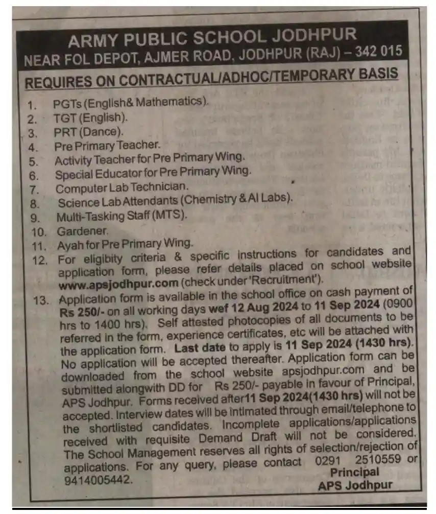 Army Public School Vacancy 2024